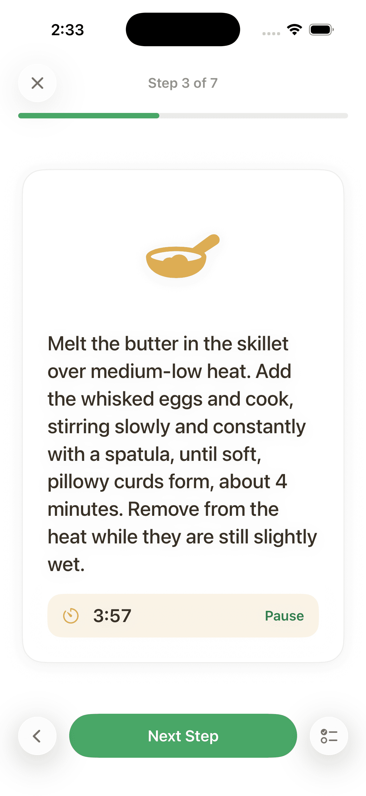 Cook Mode in Thyme showing step 3 of 7 with a running 4-minute timer